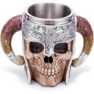 Stainless Steel Double Handle Horn Skull BeerCup,Viking Warrior SkullMug Tankard
